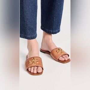 Tory Burch Eleanor Tan Slides with Gold Emblem Sandals 11M